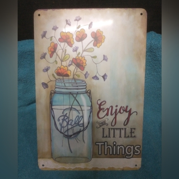 Metal enjoy the little things ball jar and flowers floral wall decor sign - Picture 1 of 2